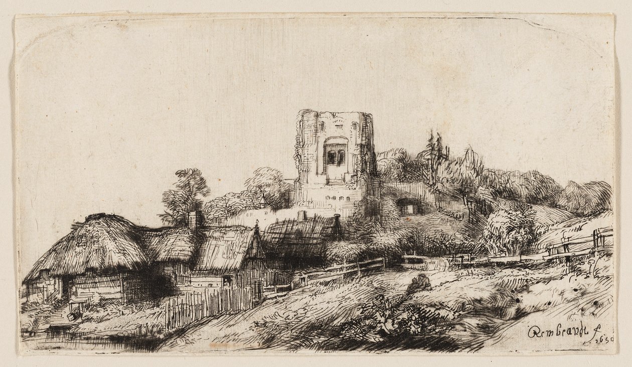 Landschaft mit einem quadratischen Turm von Rembrandt van Rijn