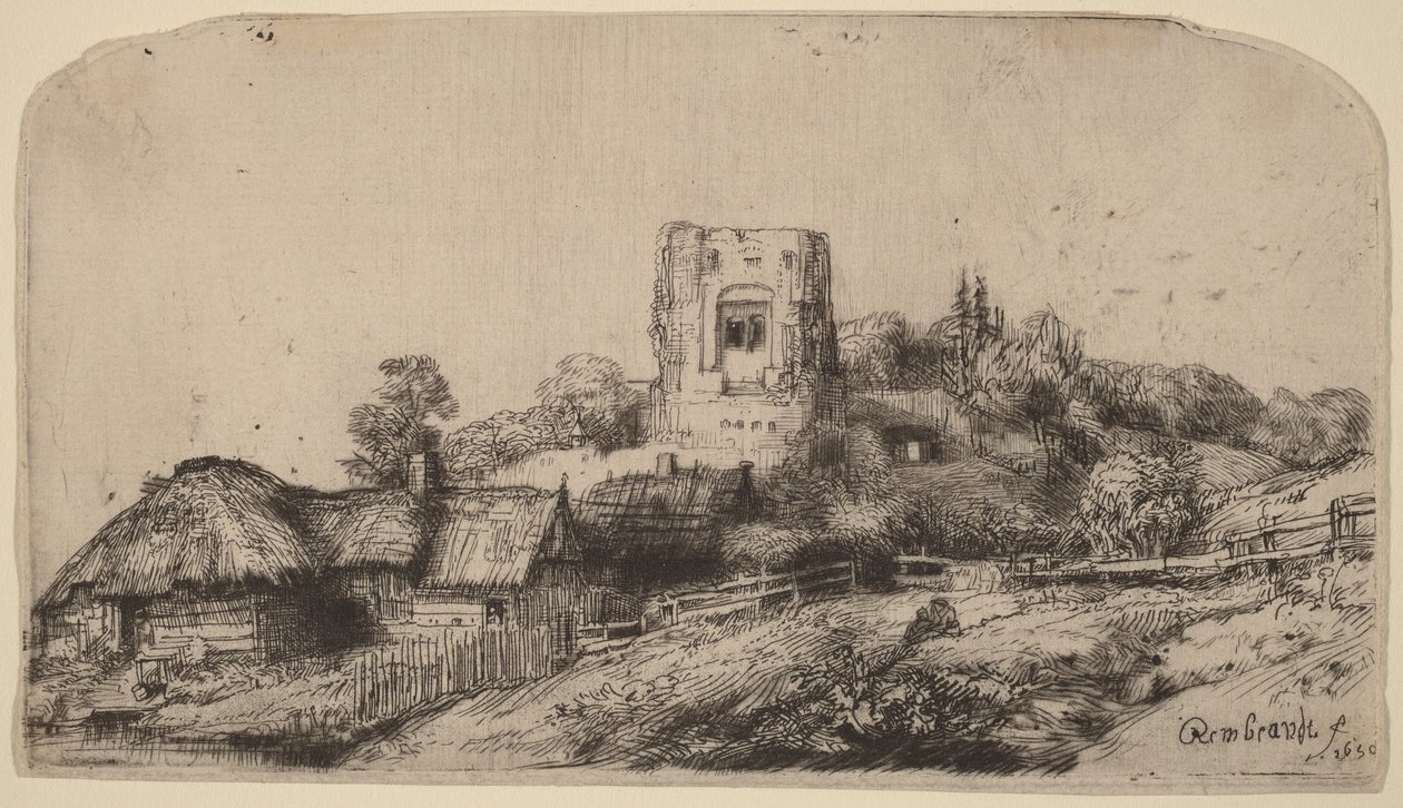 Landschaft mit einem quadratischen Turm von Rembrandt van Rijn