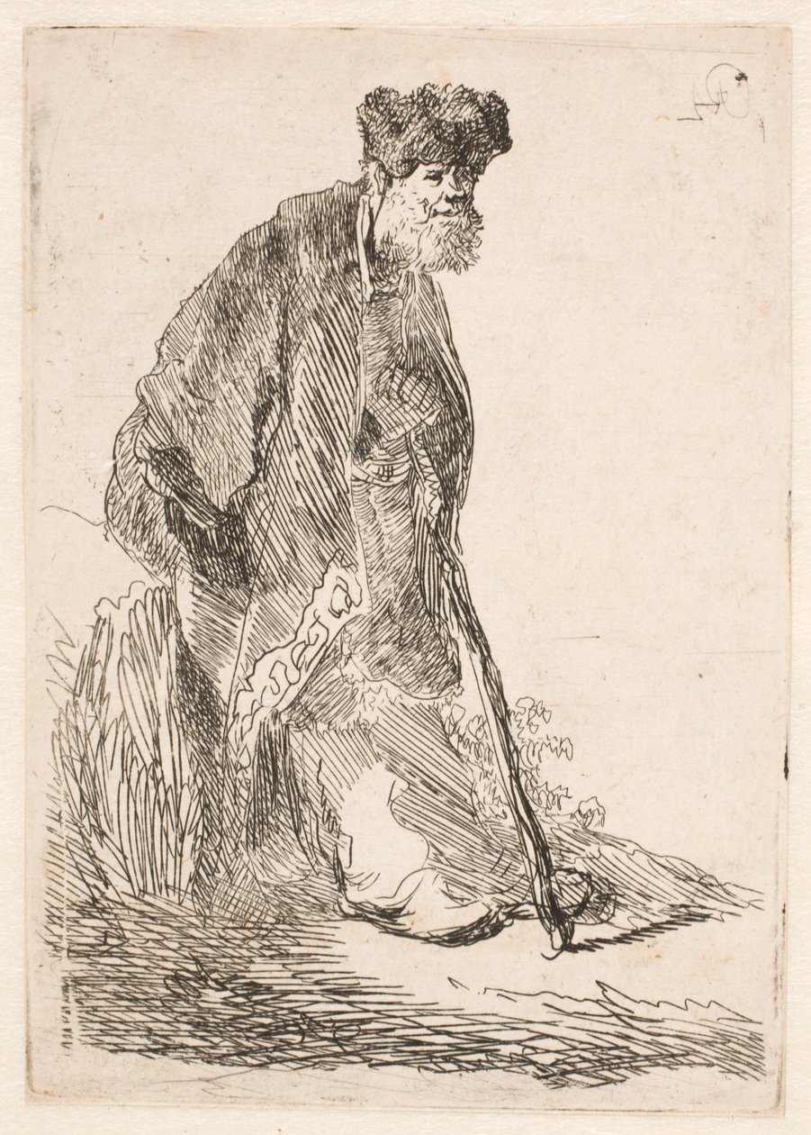 Mann in einem Umhang und Fellmütze, der sich gegen eine Böschung lehnt von Rembrandt van Rijn