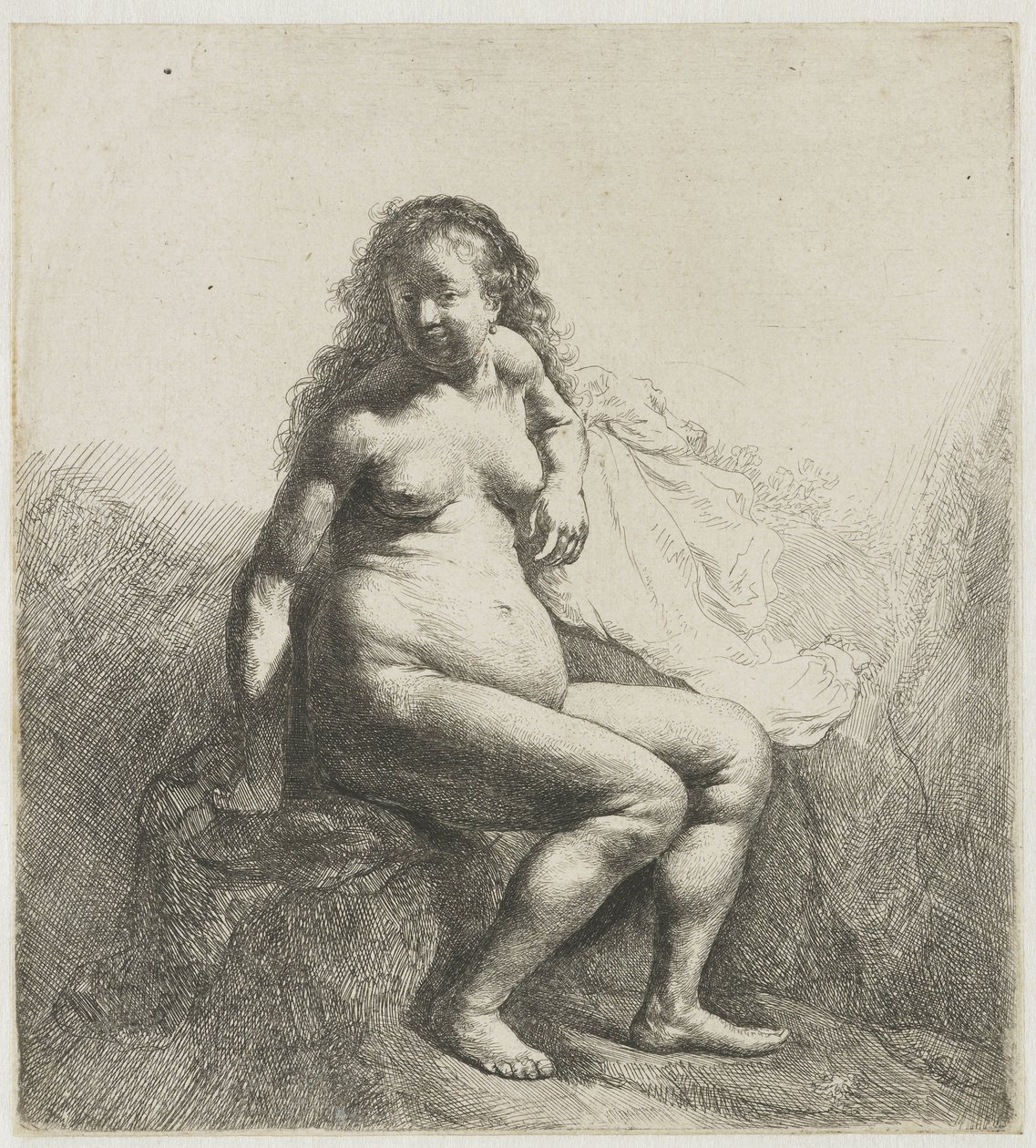 Nackte Frau auf einem Hügel von Rembrandt van Rijn