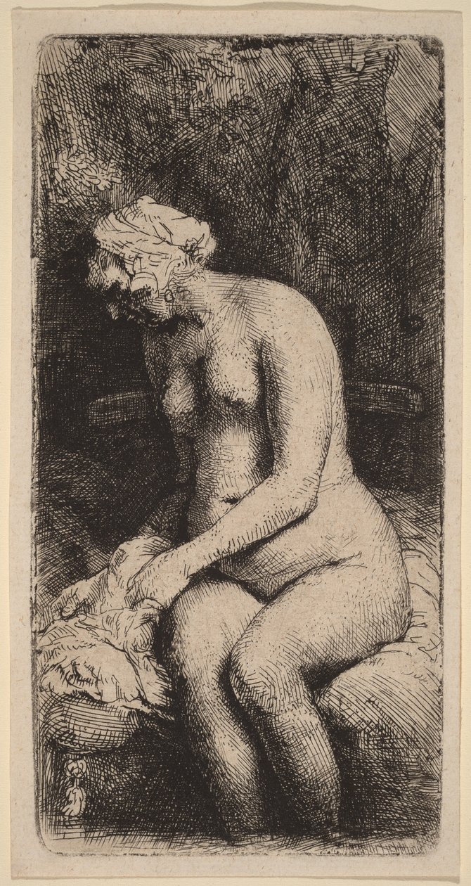 Nackte auf einer Bank mit Kissen (Frau badet ihre Füße an einem Bach) von Rembrandt van Rijn