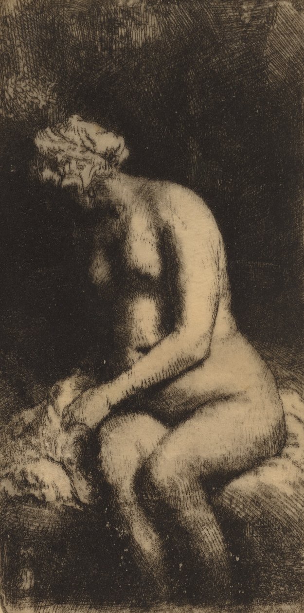 Akt, sitzend auf einer Bank mit einem Kissen, Frau badet ihre Füße an einem Bach, 1658 von Rembrandt van Rijn