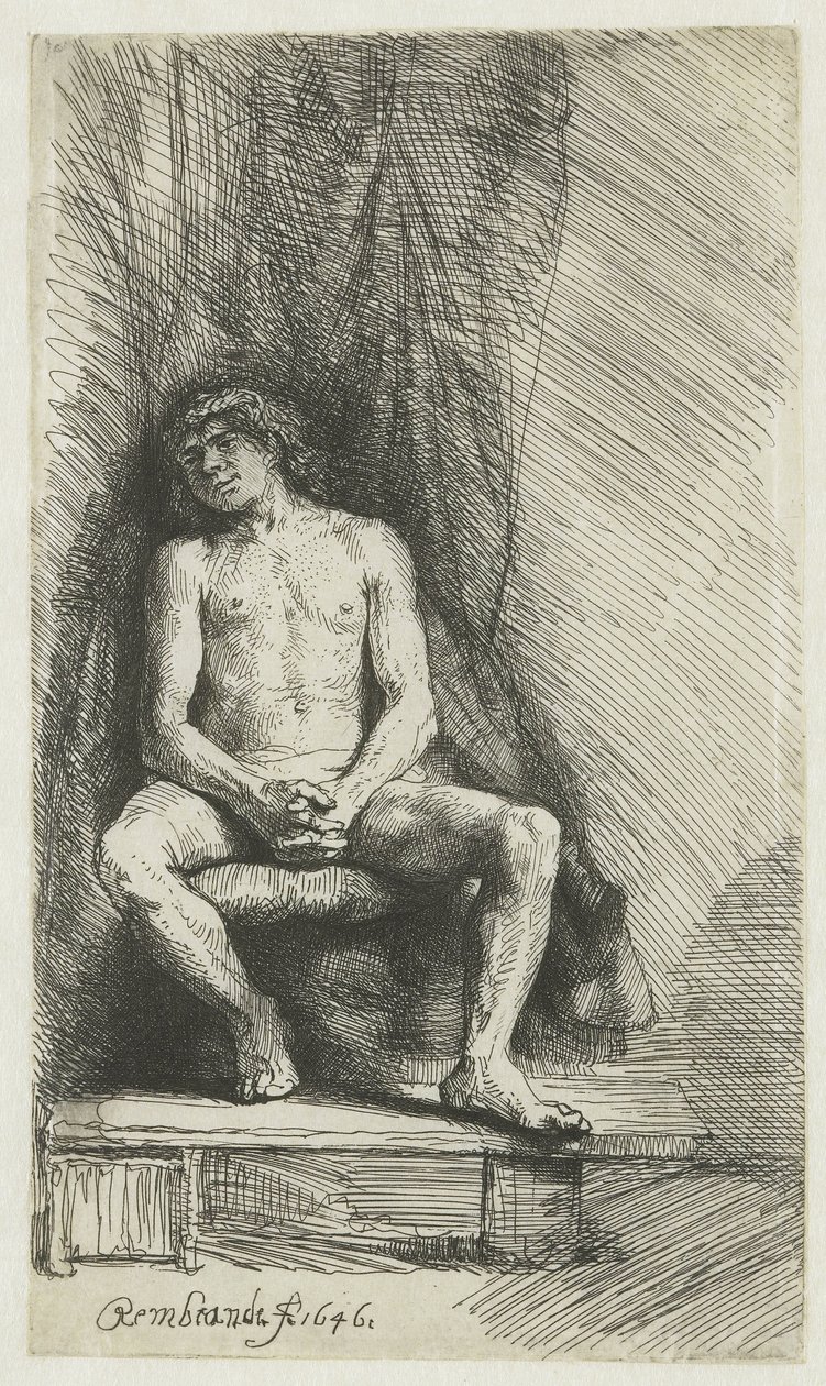 Nackter junger Mann, vor einem Vorhang sitzend von Rembrandt van Rijn