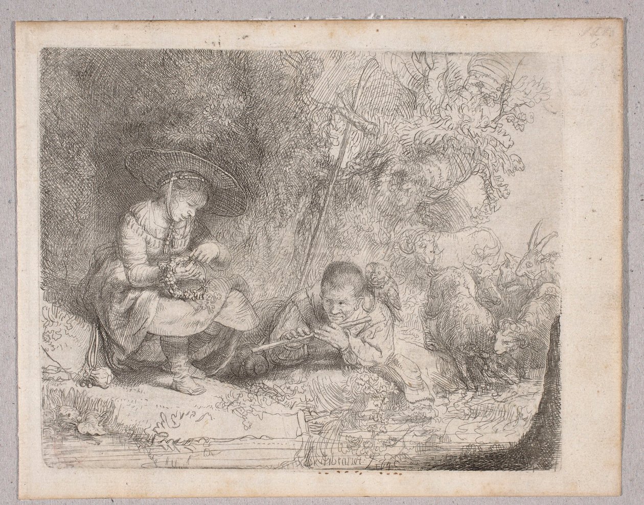 Hirte spielt Flöte (Ansicht von Omval mit Hirtin und Flötenspieler) von Rembrandt van Rijn