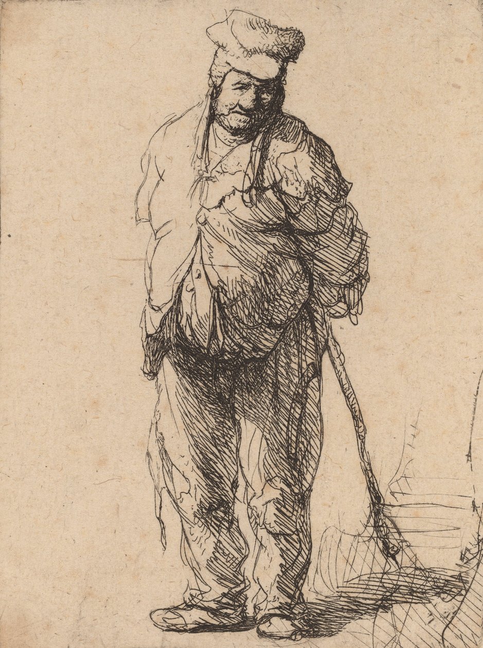 Zerlumpter Bauer mit hinter dem Rücken verschränkten Händen, der einen Stock hält, ca. 1630 von Rembrandt van Rijn