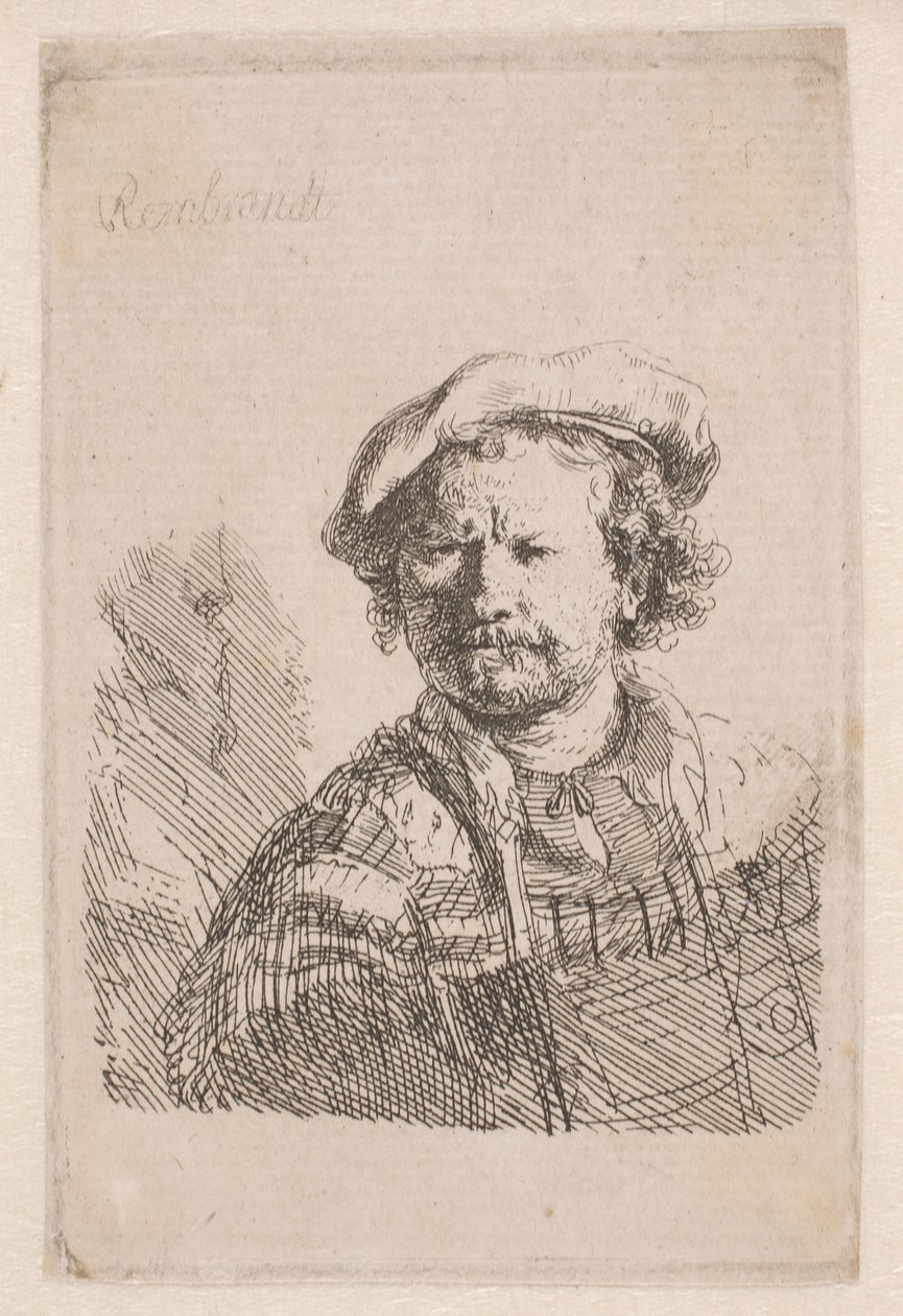Rembrandt mit flacher Mütze und einem Schal um die Schultern von Rembrandt van Rijn