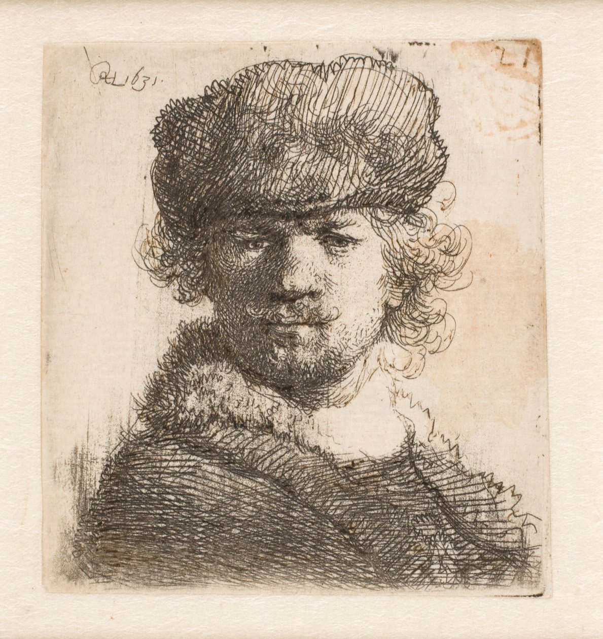 Rembrandt in einer schweren Pelzmütze: Vollgesicht: Büste von Rembrandt van Rijn