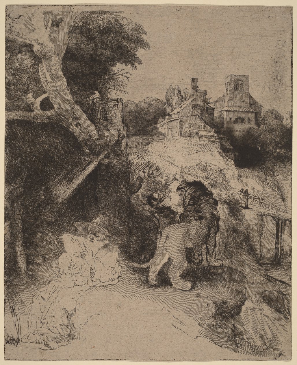 Der heilige Hieronymus liest in einer italienischen Landschaft von Rembrandt van Rijn