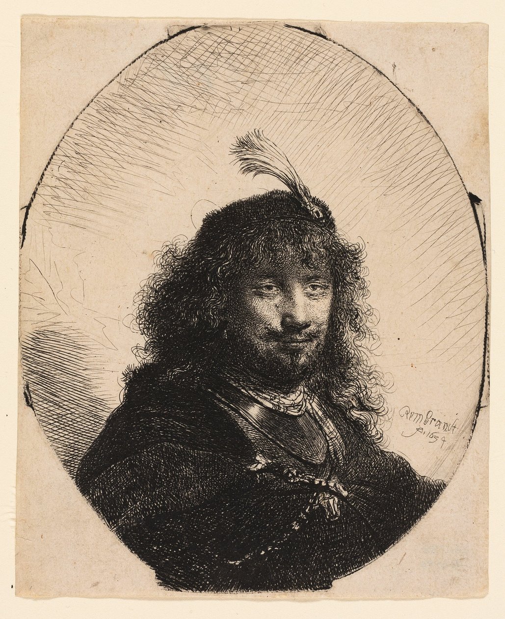 Selbstporträt (?) mit Federhut und gesenktem Säbel von Rembrandt van Rijn