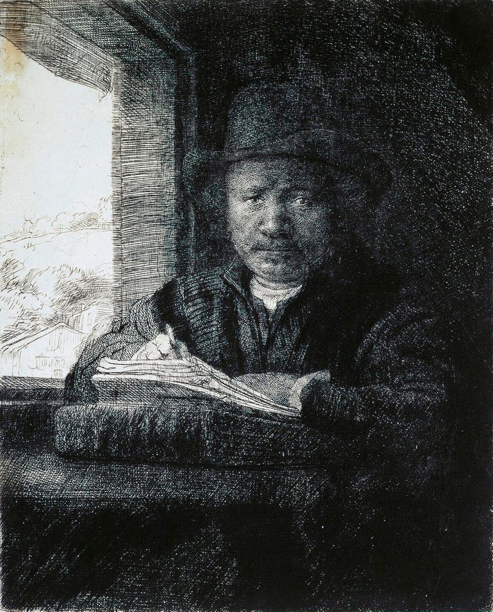 Selbstporträt Zeichnung am Fenster, 1648 von Rembrandt van Rijn