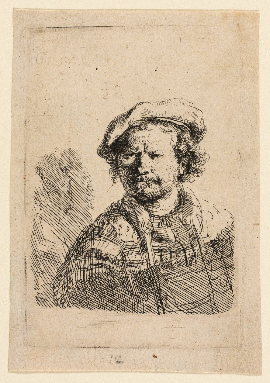Selbstporträt mit flacher Mütze und besticktem Kleid von Rembrandt van Rijn