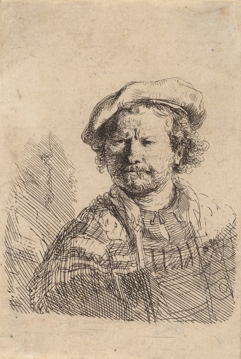 Selbstporträt mit flacher Kappe und besticktem Kleid, um 1642 von Rembrandt van Rijn