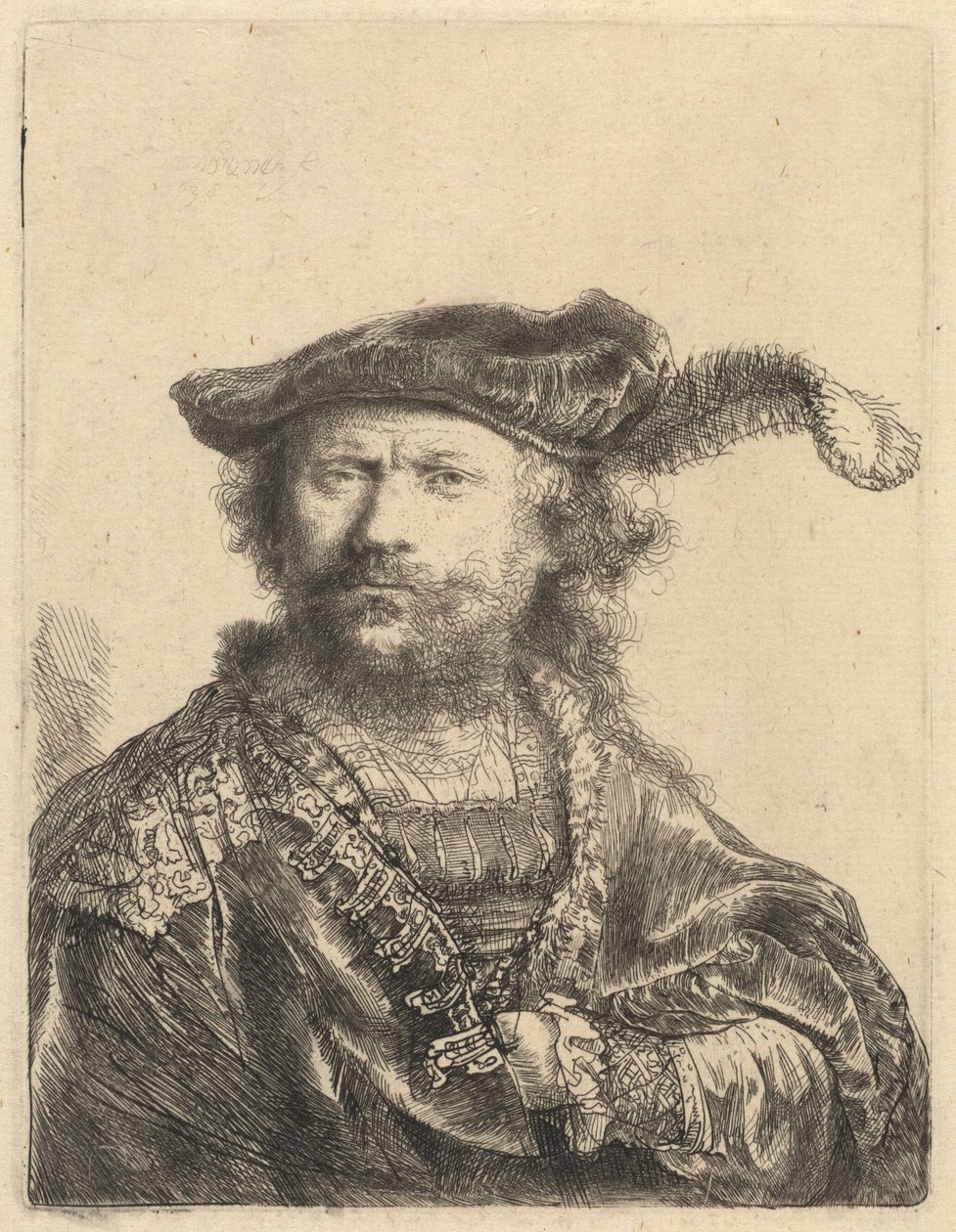 Selbstporträt mit Samtkappe und Feder von Rembrandt van Rijn