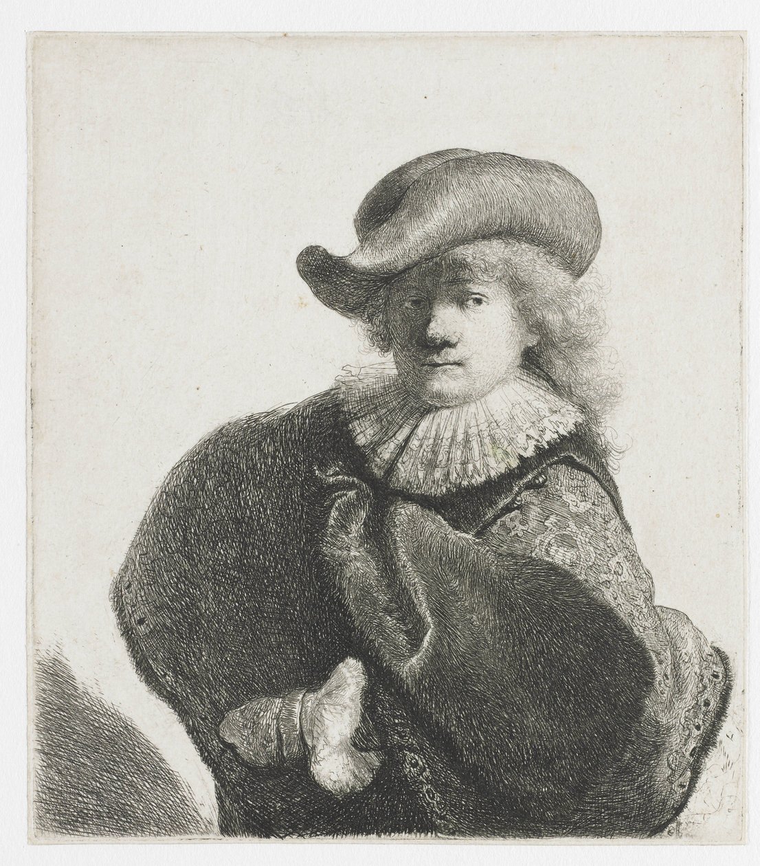 Selbstporträt mit weichem Hut und gemustertem Umhang von Rembrandt van Rijn