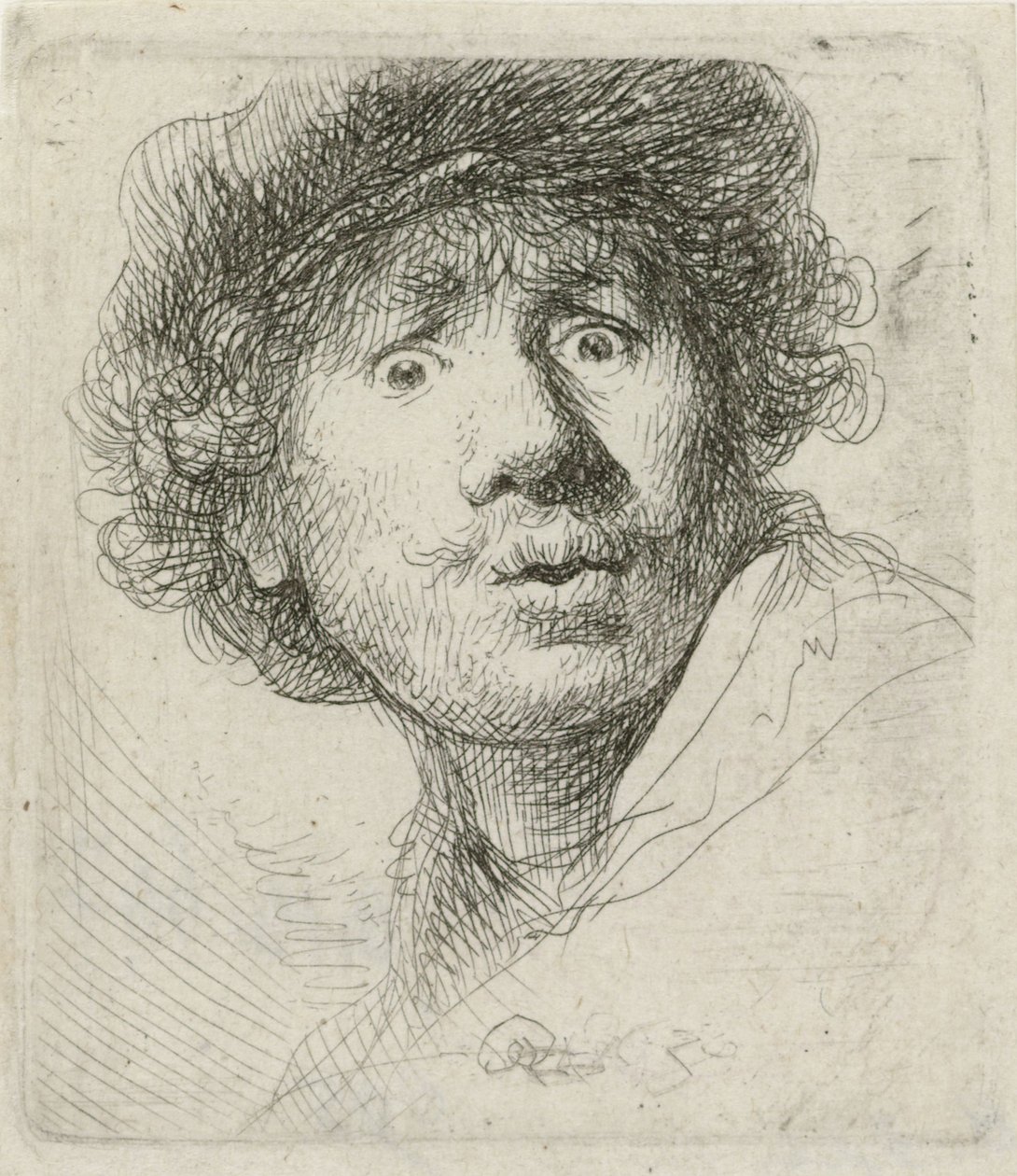 Selbstporträt mit Barett und weit aufgerissenen Augen von Rembrandt van Rijn