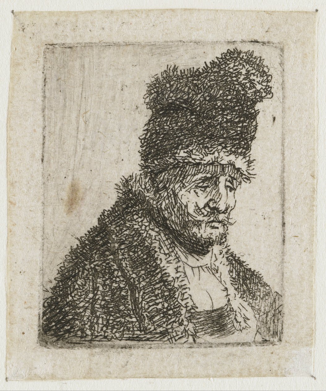 Blatt mit Studien von Männerköpfen: alter Mann im Pelzmantel und hoher Mütze von Rembrandt van Rijn