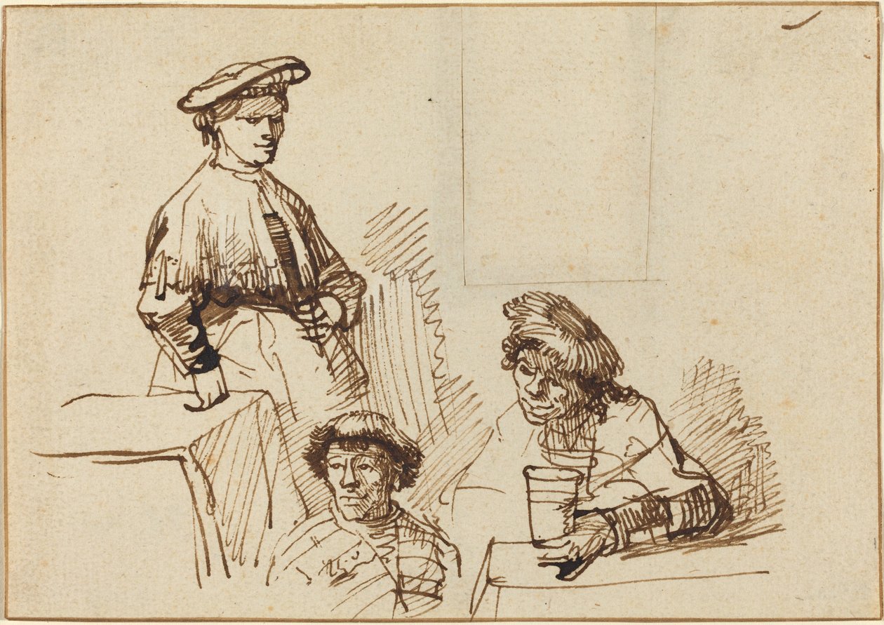 Skizzen aus einer Taverne: Stehende Frau und zwei sitzende Männer von Rembrandt van Rijn
