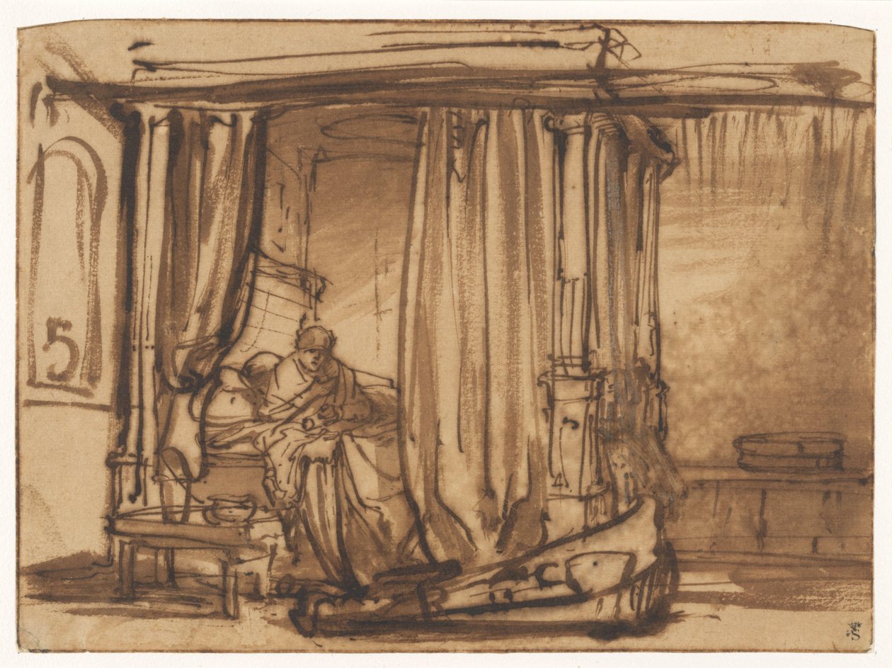 Schlafzimmer mit Saskia, sitzend in einem Himmelbett von Rembrandt van Rijn