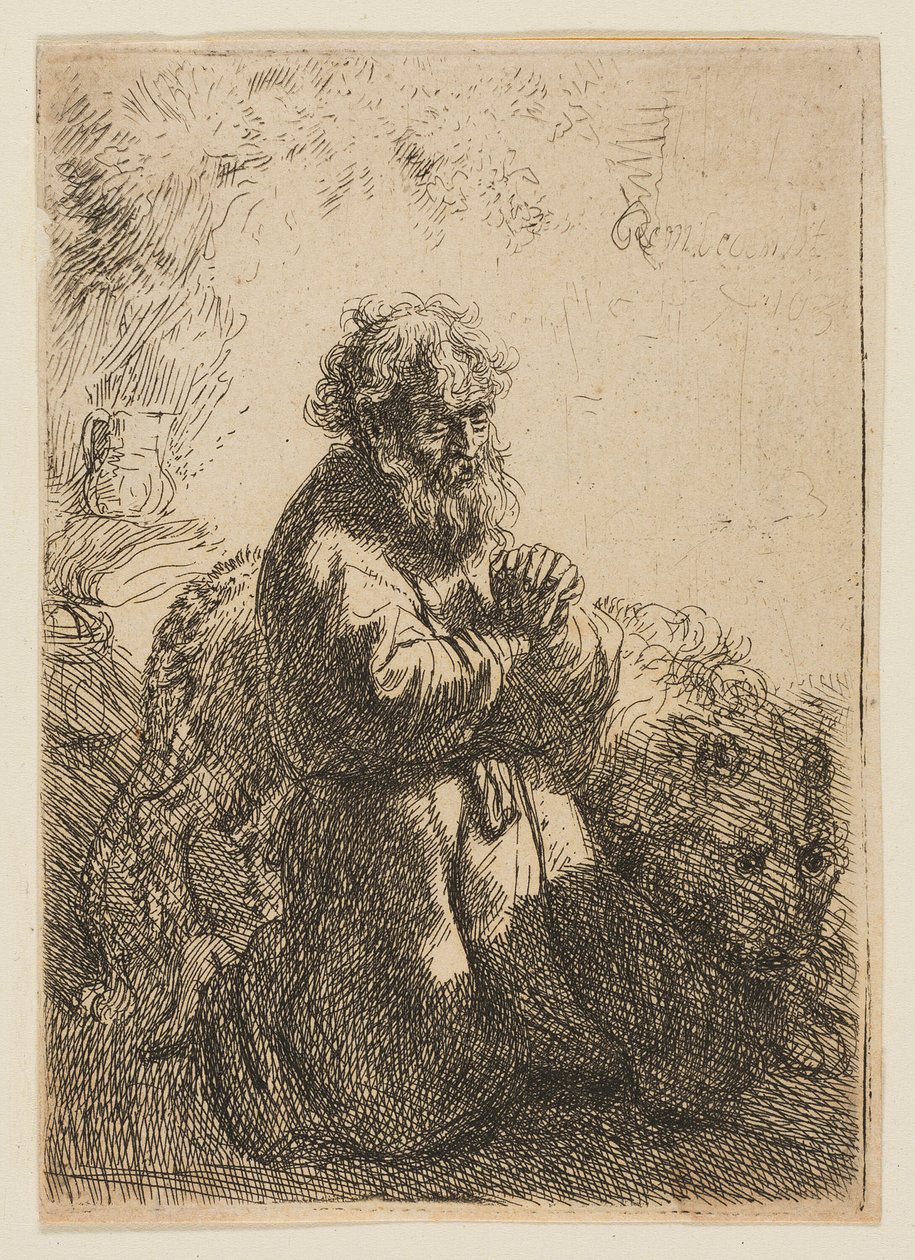 Der heilige Hieronymus kniend im Gebet, nach unten blickend von Rembrandt van Rijn