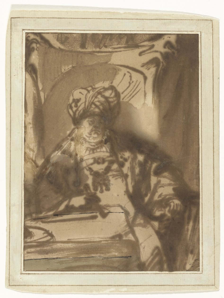 Der Schauspieler Willem Bartholsz Ruyter als König Ahasverus auf seinem Thron von Rembrandt van Rijn