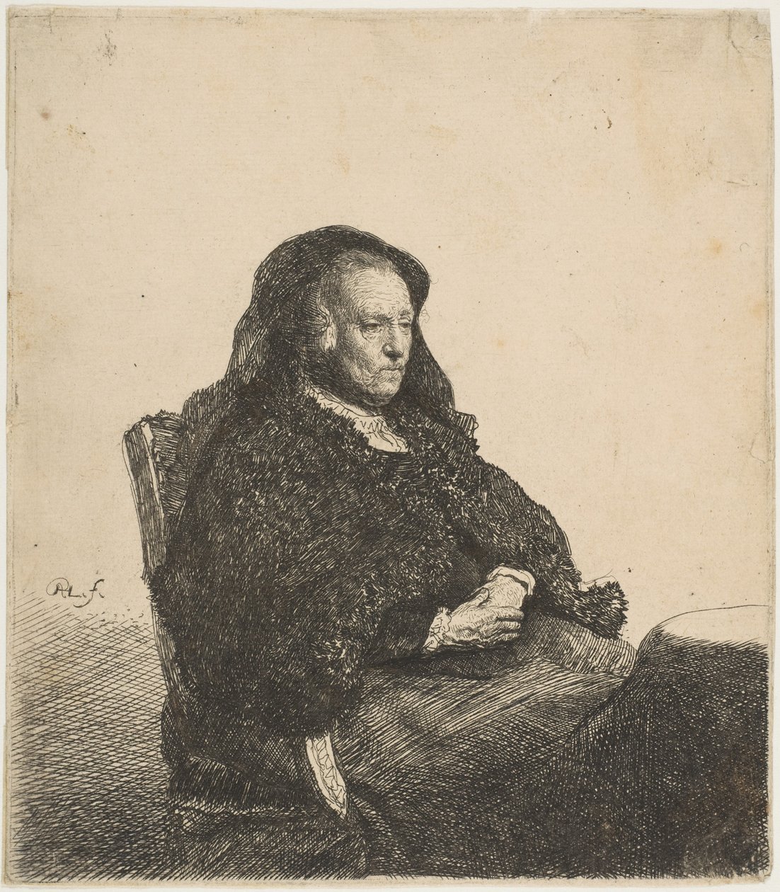 Die Mutter des Künstlers sitzt an einem Tisch und schaut nach rechts (ca. 1631) von Rembrandt van Rijn