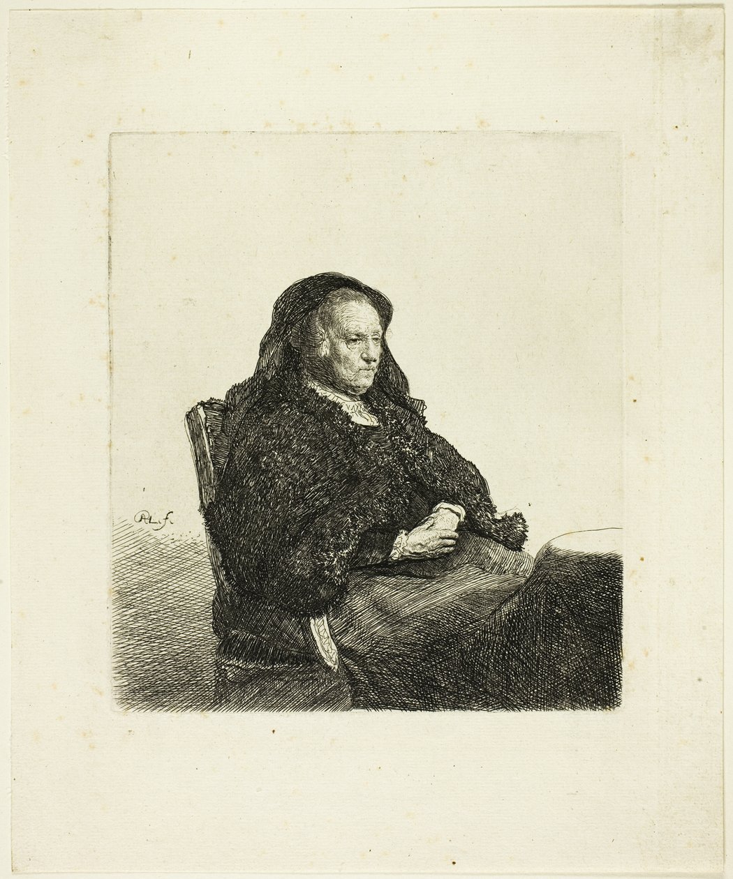 Die Mutter des Künstlers sitzt an einem Tisch, schaut nach rechts: Dreiviertellänge von Rembrandt van Rijn