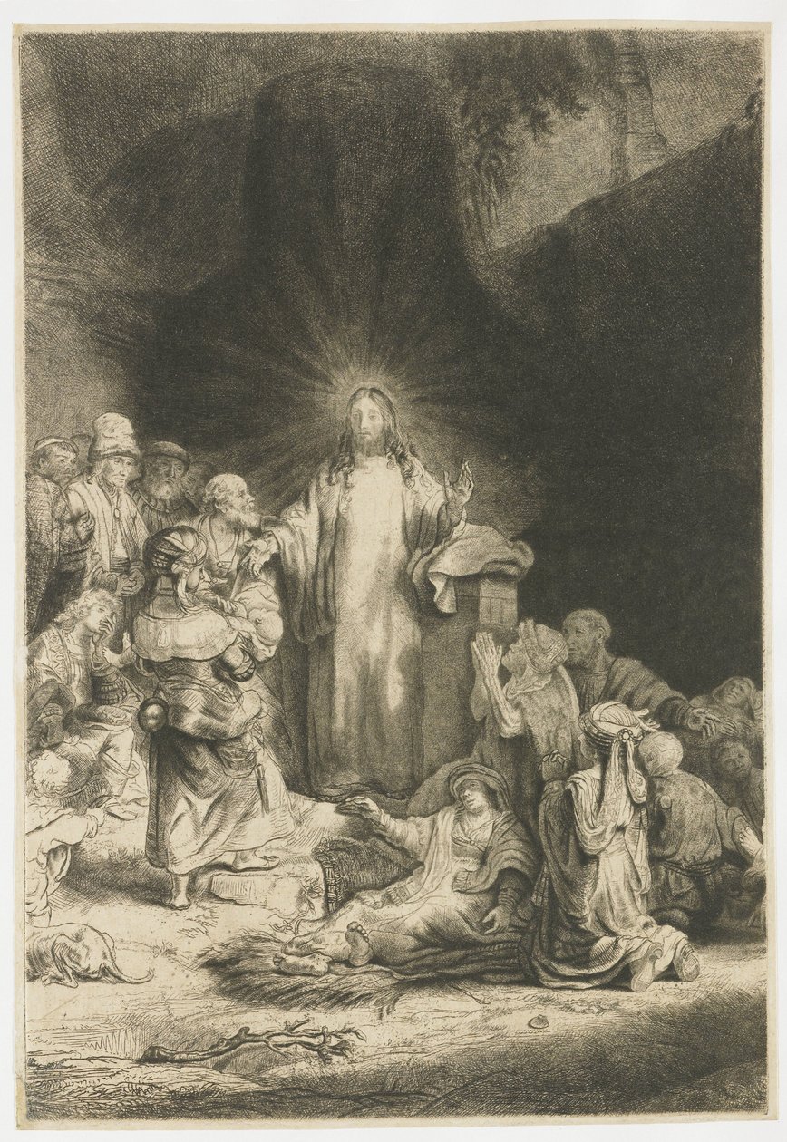 Der Hundertguldenblatt: das zentrale Stück mit Christus predigend von Rembrandt van Rijn