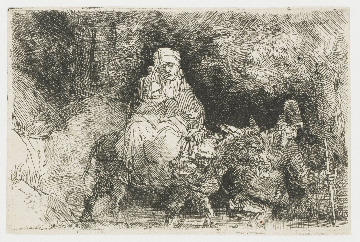 Die Flucht nach Ägypten überquert einen Bach von Rembrandt van Rijn
