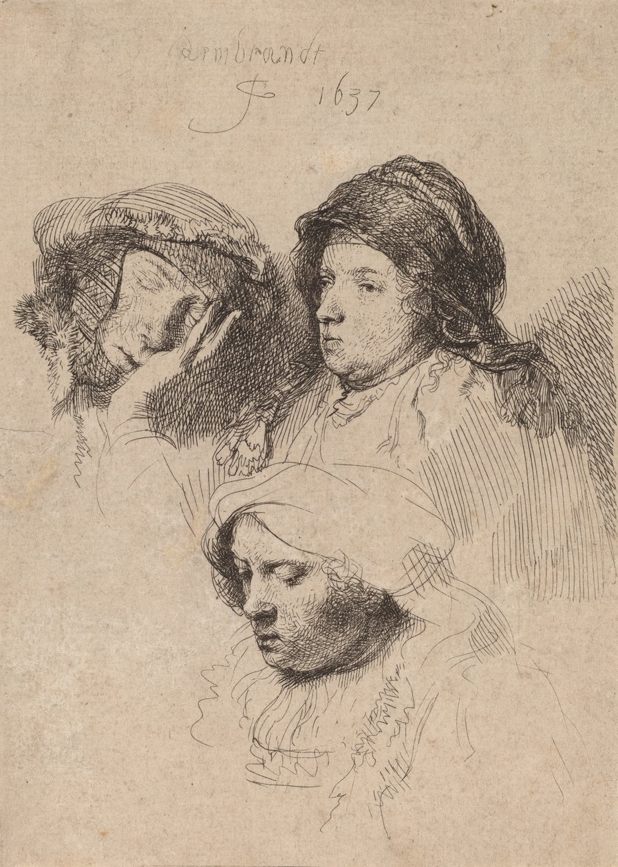 Drei Frauenköpfe, eine schlafend von Rembrandt van Rijn