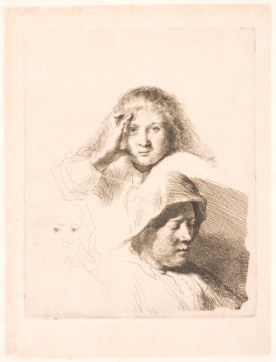 Drei Frauenköpfe, einer leicht geätzt von Rembrandt van Rijn