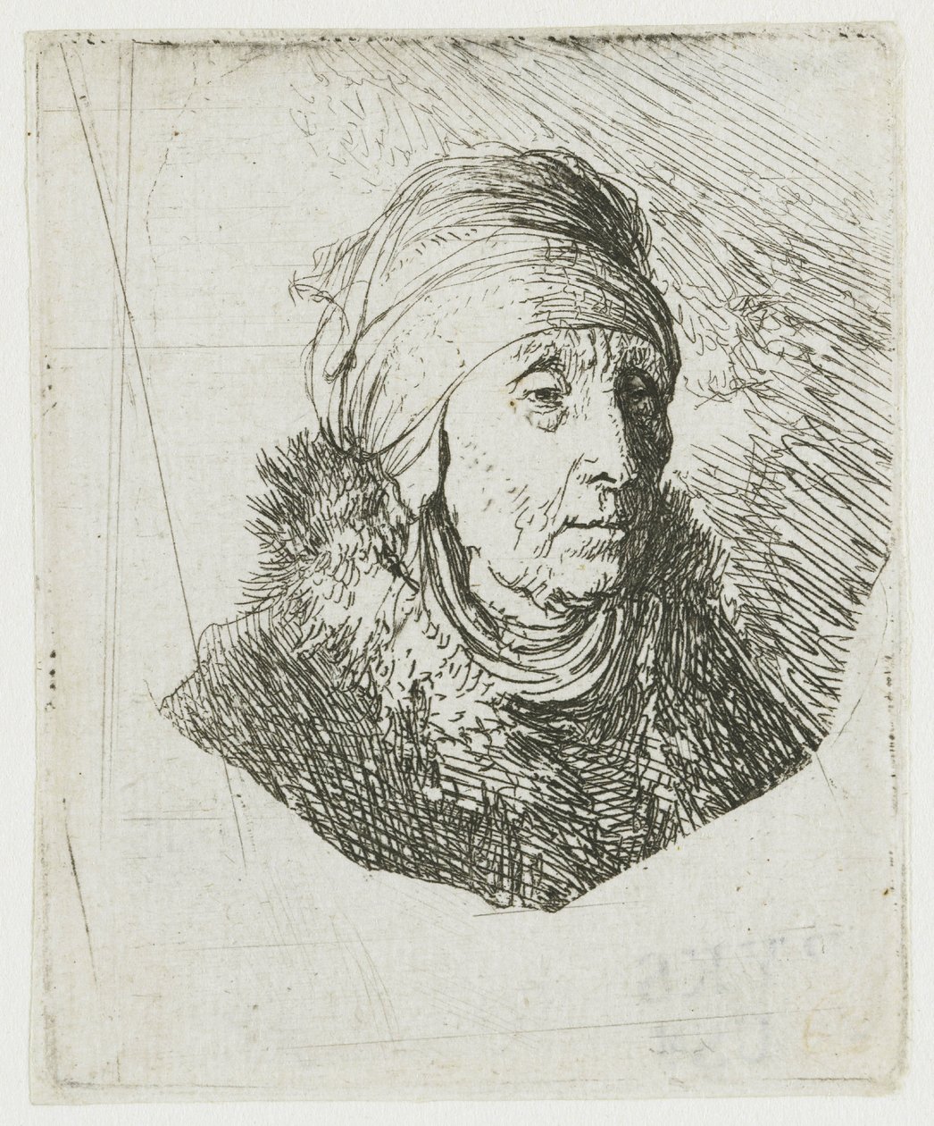 Frau mit hohem Kopfschmuck um das Kinn gewickelt: Büste von Rembrandt van Rijn
