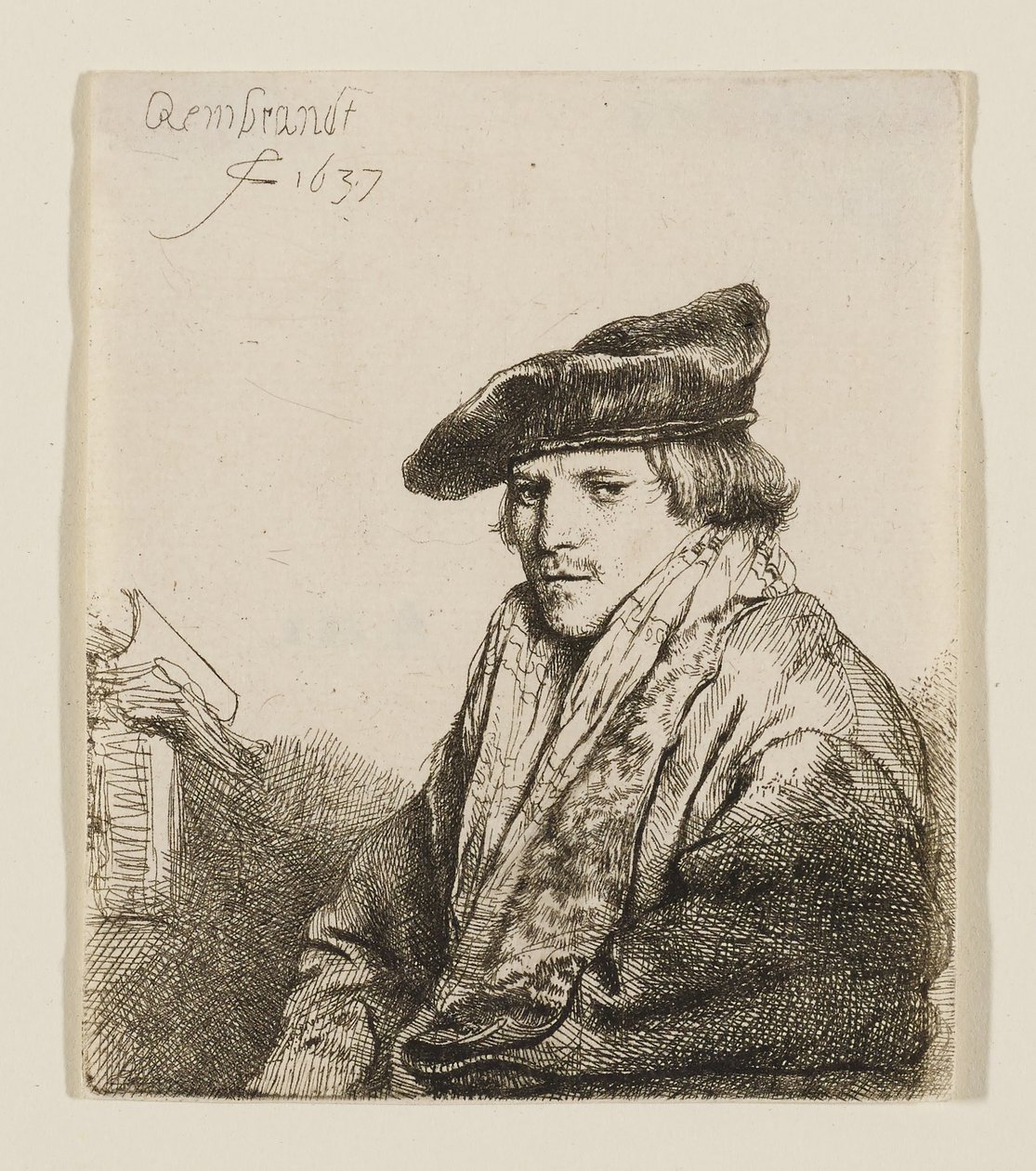 Junger Mann mit Samtkappe und Büchern neben sich von Rembrandt van Rijn