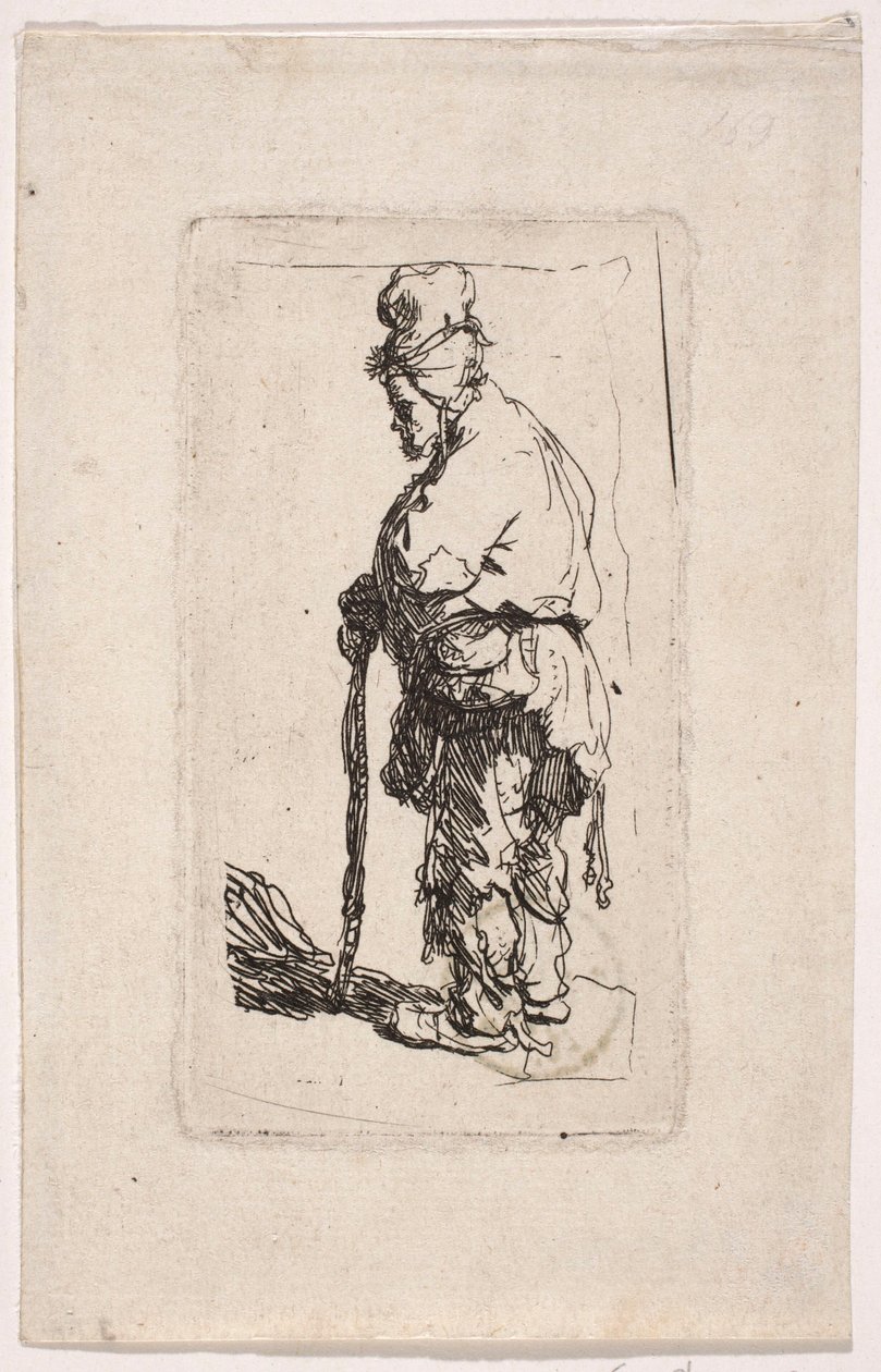 Bettler, auf einen Stock gestützt, nach links gewandt von Rembrandt van Rijn