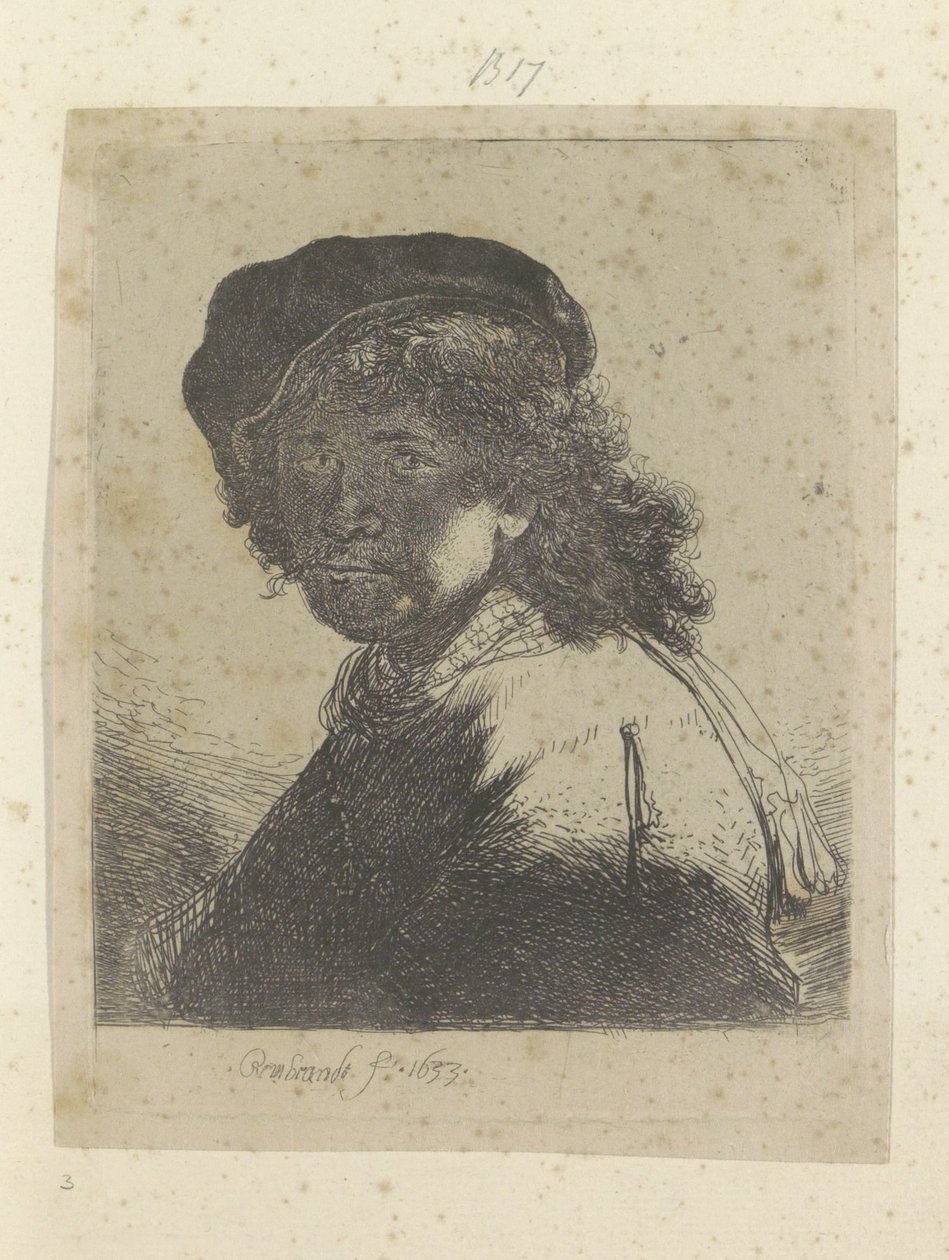 Zelfportret met baret en halsdoek, het gezicht in de schaduw von Rembrandt van Rijn