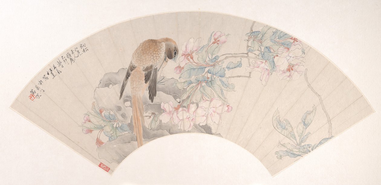 Vogel auf einem Felsen bei einem blühenden Zweig, datiert 1879 von Ren Xun