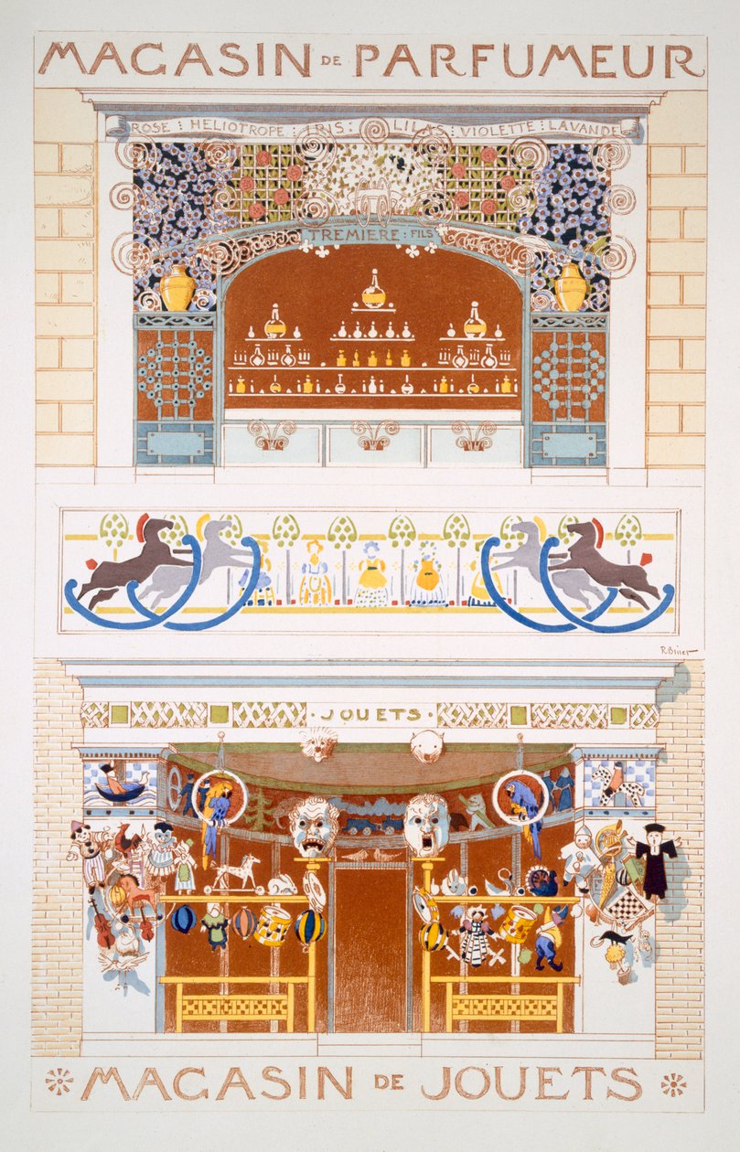 Zwei Ladenfront-Designs: Ein Parfümverkäufer und ein Spielzeugladen, um 1880-95 von Rene Binet