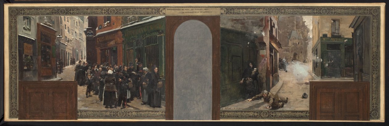 Skizze für das Büro des Präfekten im Pariser Rathaus: Die Bombardierung von Mont Sainte-Geneviève. Rationierung der Bevölkerung von Rene Joseph Gilbert