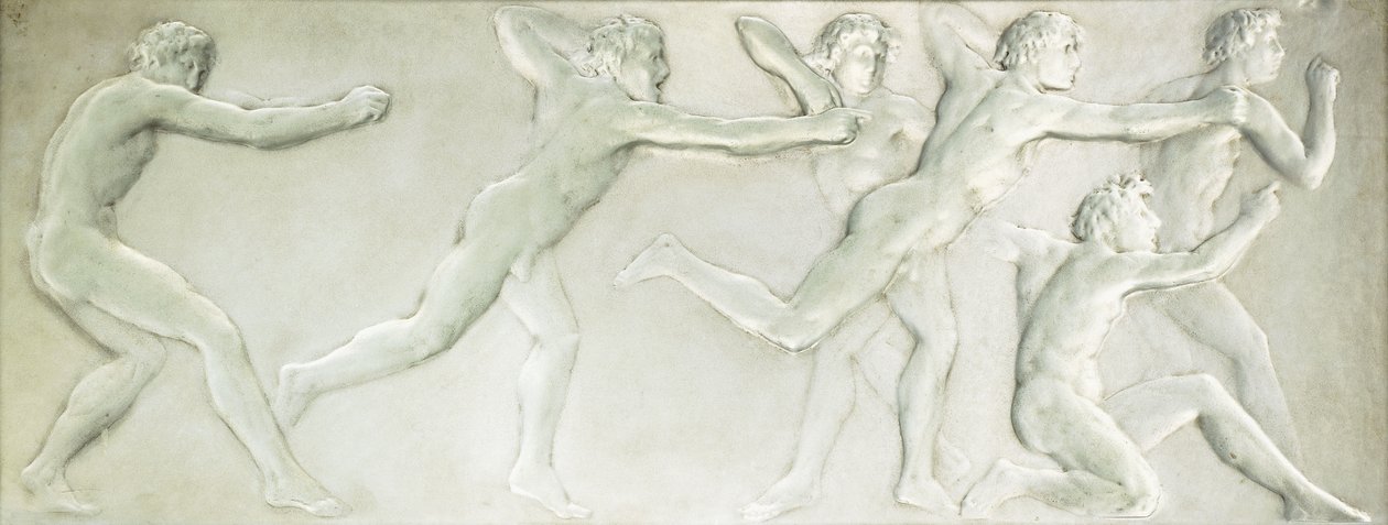 Ein geformtes Glasfigurenpanel, das sechs nackte männliche Athleten darstellt von Rene Jules Lalique