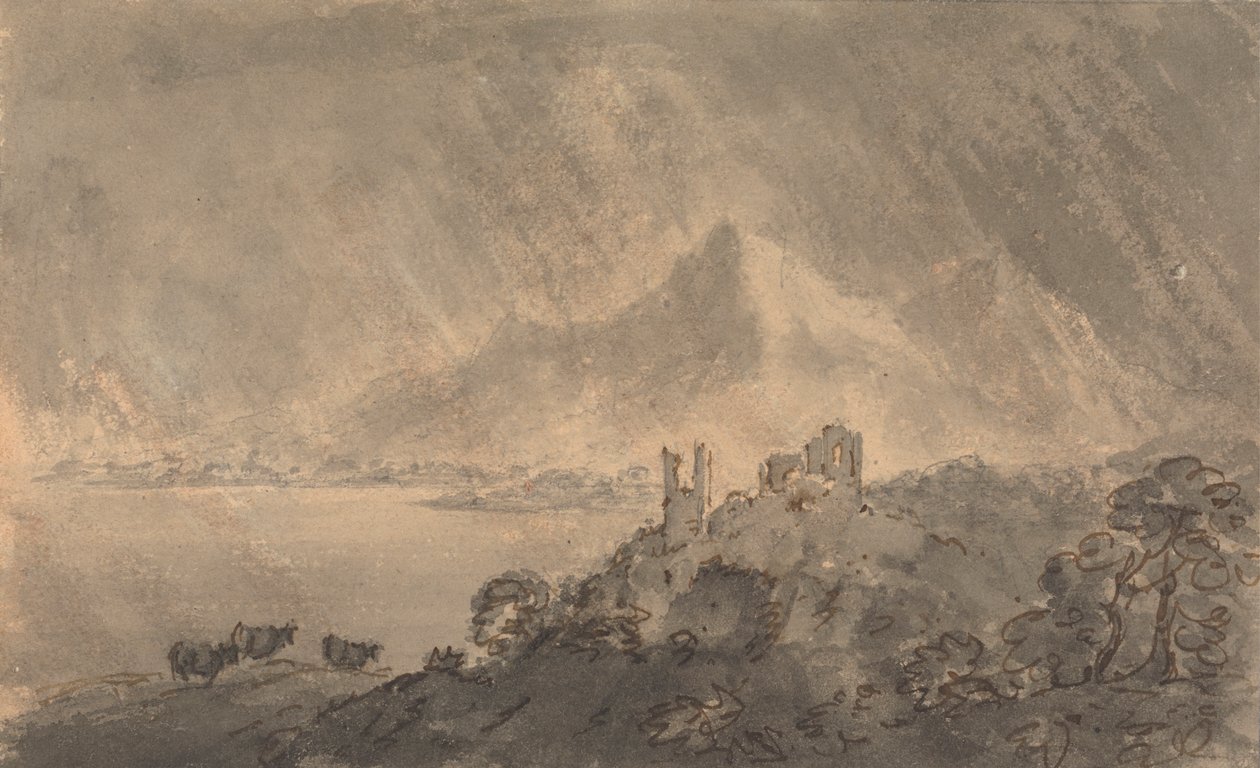 Schloss über einem See mit fernen Bergen unter stürmischem Himmel von Rev. William Gilpin