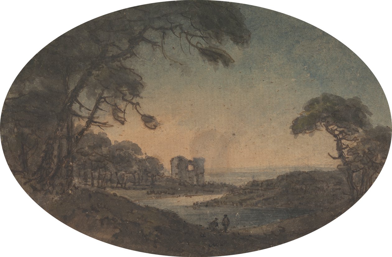 Landschaft mit zwei Männern und einer Burgruine am Flussufer von Rev. William Gilpin