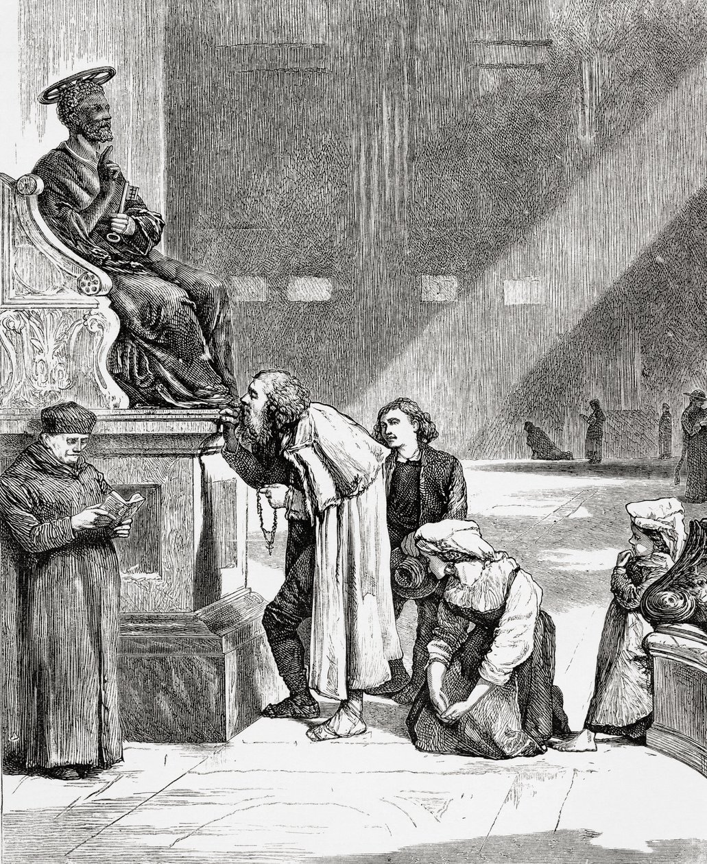 Menschen küssen die Füße der Statue des Heiligen Petrus in der Petersbasilika, Vatikanstadt, Rom im späten 19. Jahrhundert. Aus Italienische Bilder von Rev. Samuel Manning, veröffentlicht um 1890. von Reverend Samuel Manning