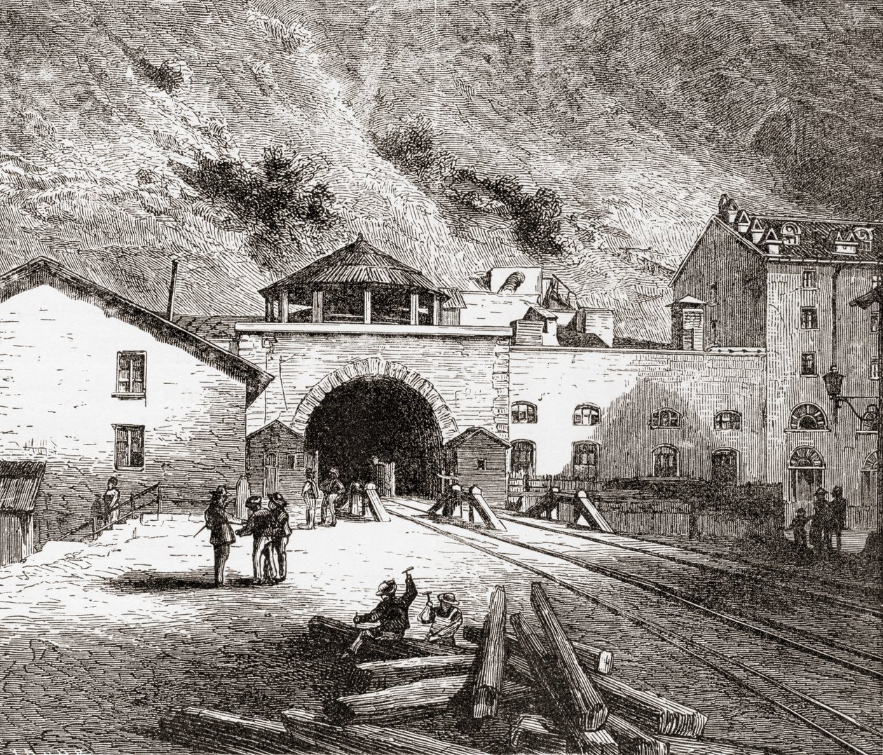 Der Fréjus-Eisenbahntunnel, auch Mont-Cenis-Tunnel genannt, Alpen, von der italienischen Seite im späten 19. Jahrhundert. Aus Italienische Bilder von Rev. Samuel Manning, veröffentlicht um 1890. von Reverend Samuel Manning