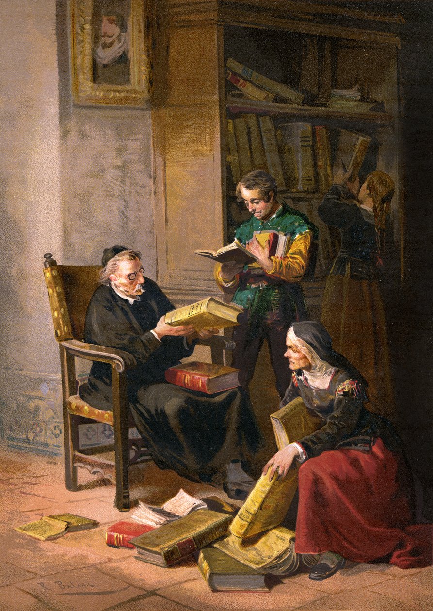 Der Priester Pero Perez und der Barbier Nicolas inspizieren die Bücher in Don Quijotes Bibliothek von Ricardo Balaca