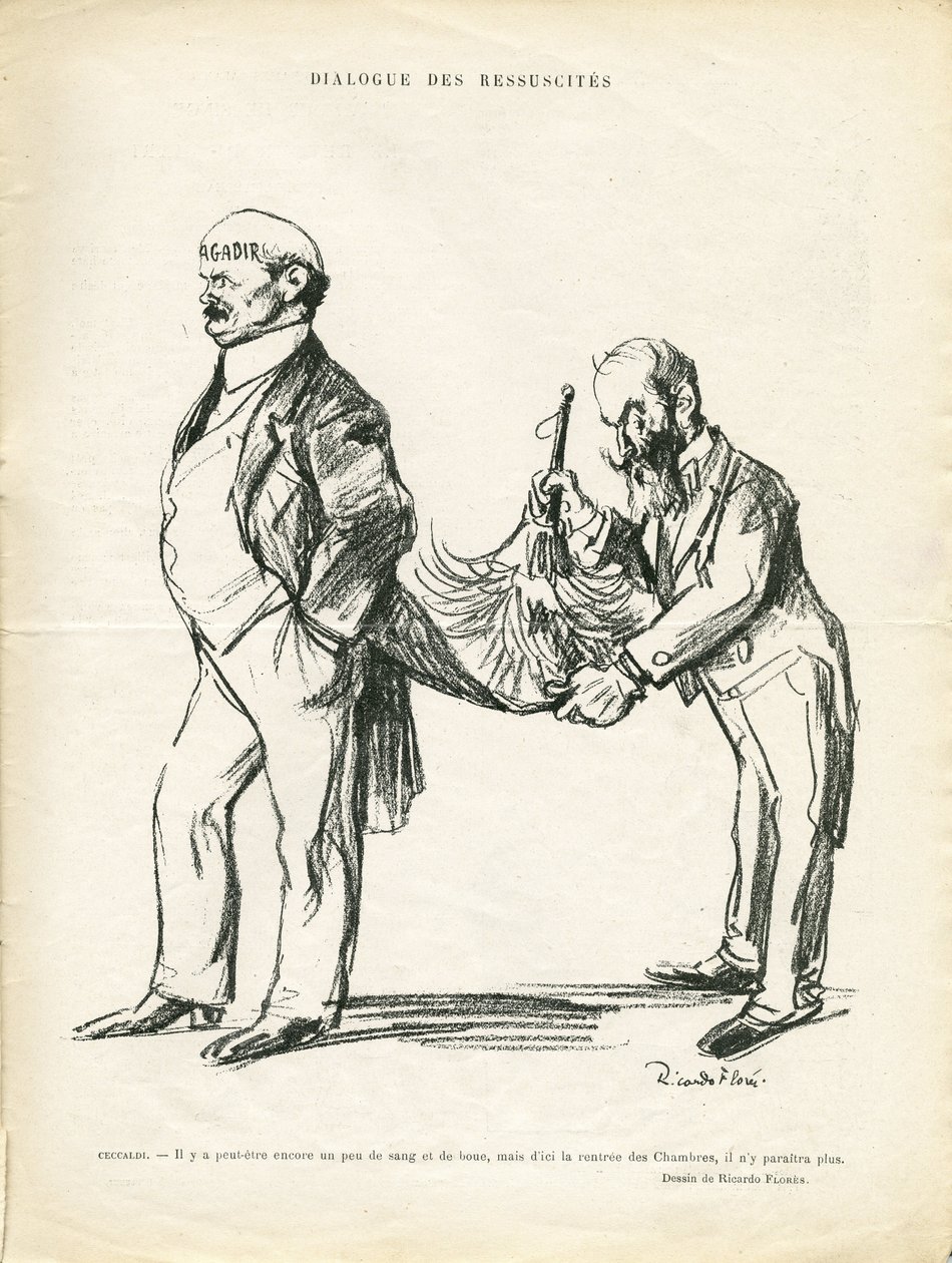 Illustration von Ricardo Flores (1878-1918) in Le Rire, 09.05.14 - Dialog der Wiederauferstandenen - Marokko, Agadir - Ceccaldi von Ricardo Flores