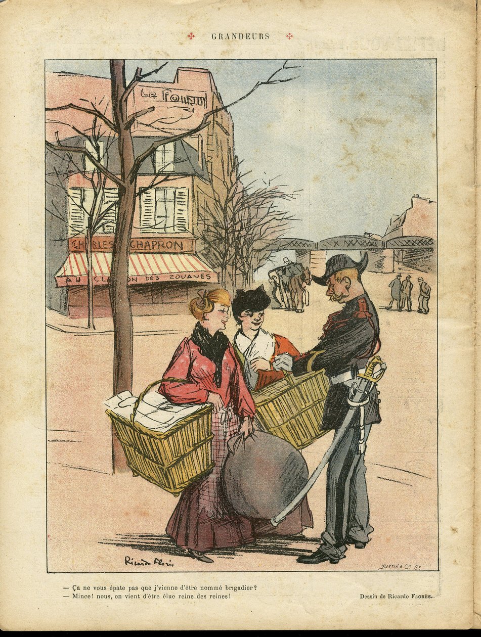 Illustration von Ricardo Flores (1878-1918) in Le Rire, 29.02.08 - Größe - Paris, Berufe, Architektur Urbanismus, Liebe, Geschäfte, Metro - Wäscherinnen von Ricardo Flores
