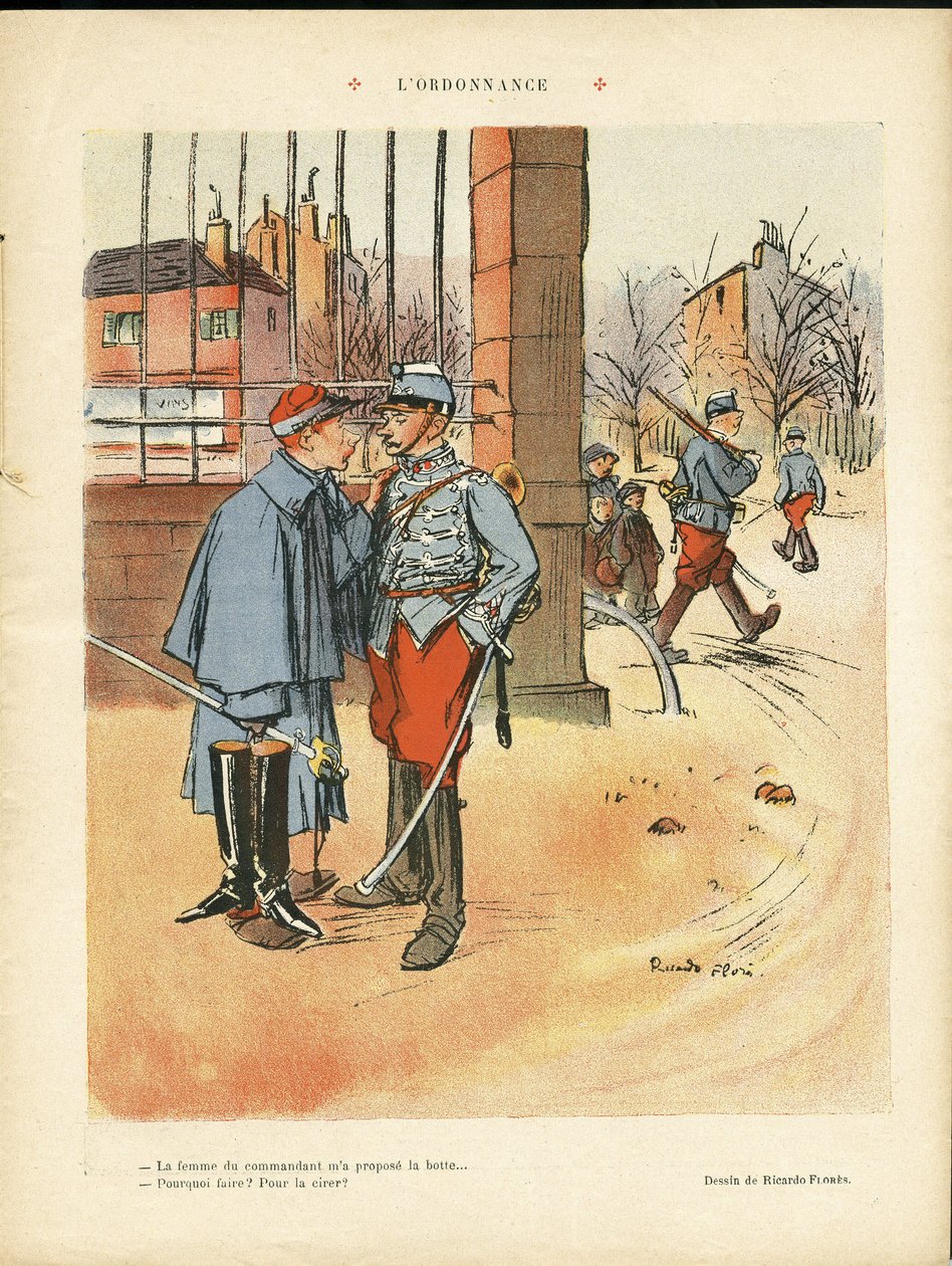 Illustration von Ricardo Flores (1878-1918) in Le Rire, 05/06/09 - Die Verordnung - Armee, Stadtarchitektur, Liebe von Ricardo Flores