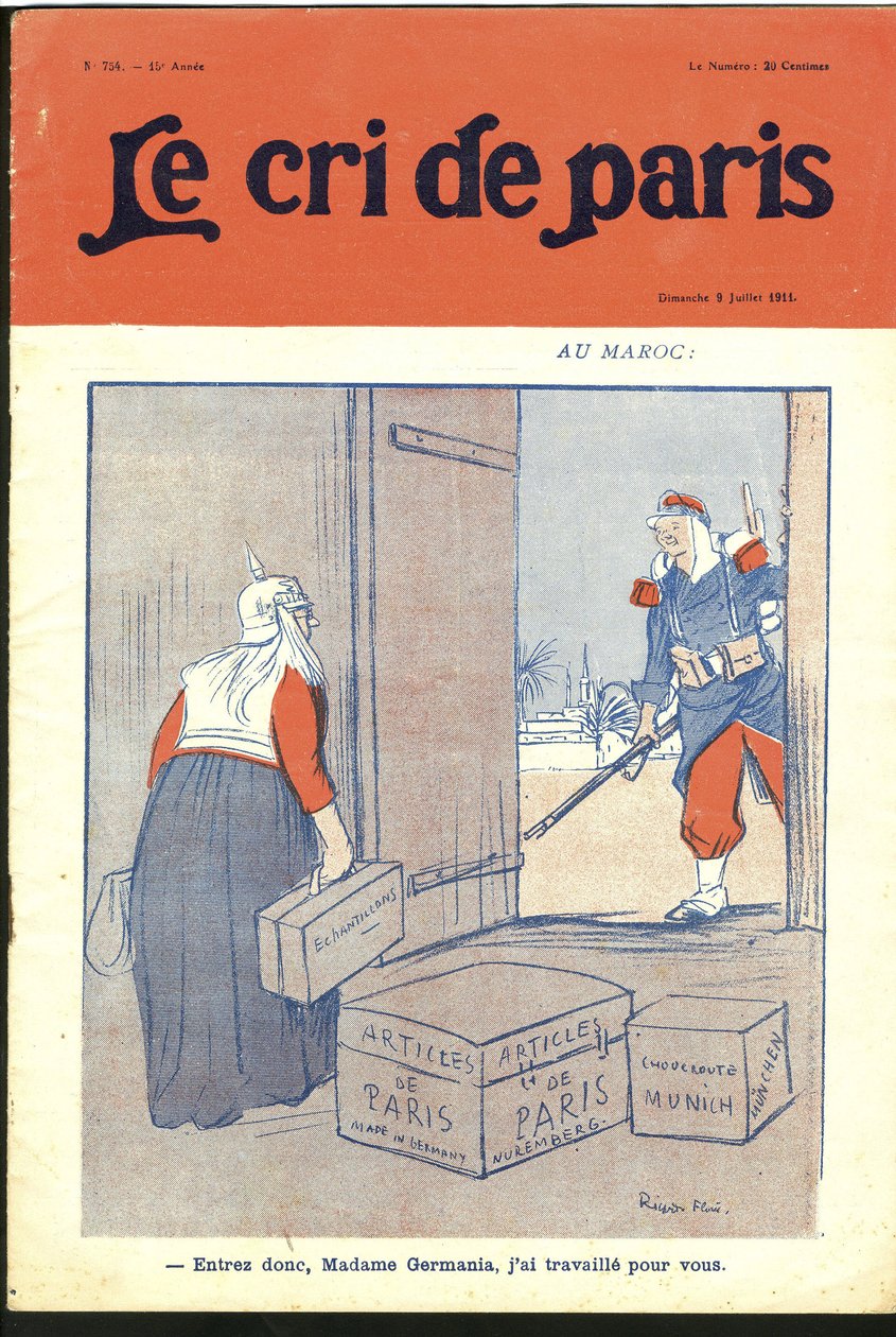 Illustration von Ricardo Flores (1878-1918) für das Titelblatt von Le Cri de Paris, 09/07/11 - „Treten Sie ein, liebe Dame, ich habe für Sie gearbeitet.“ - Deutschland Preußen, Marokko, Maghreb - Germania von Ricardo Flores