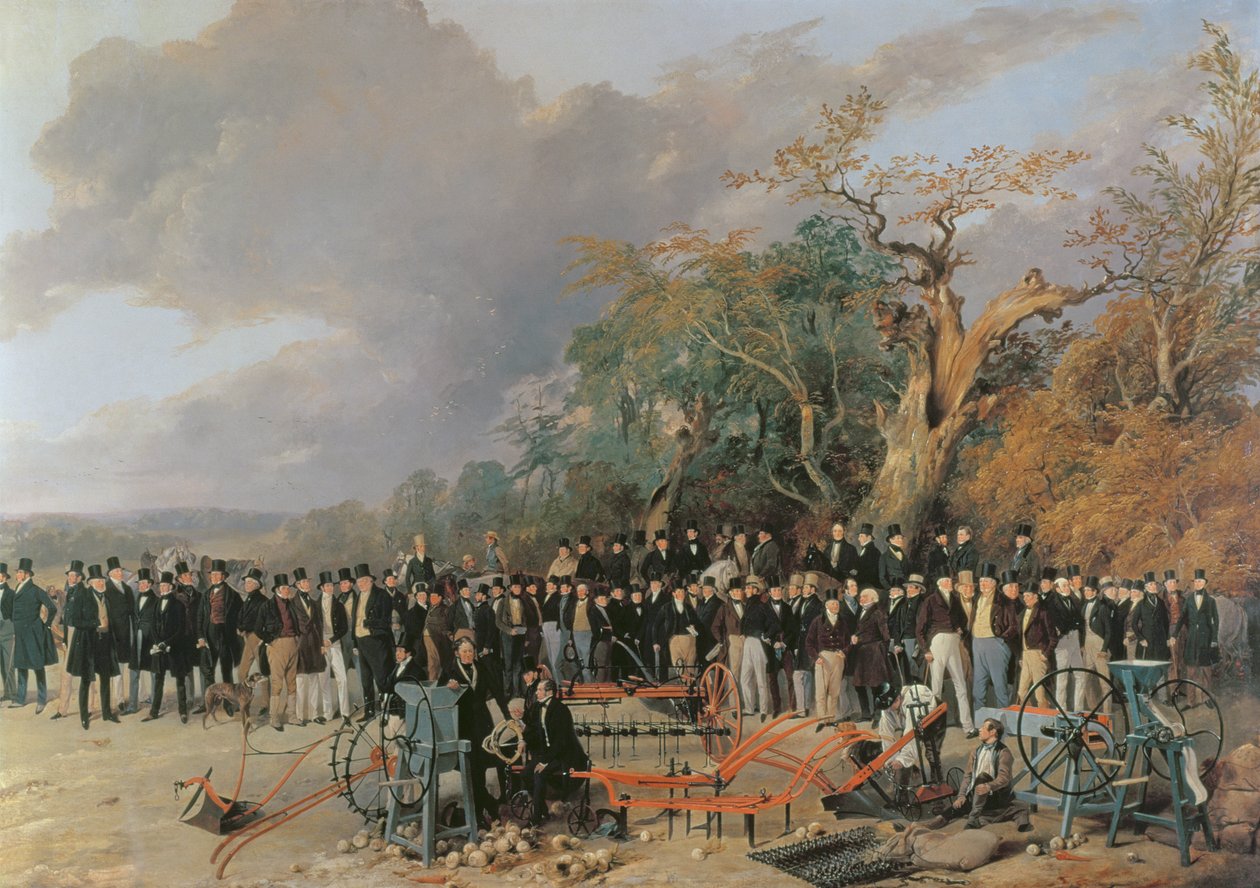 Ein Treffen der englischen königlichen Landwirtschaftsgesellschaft in Bristol, Detail von Maschinen und Bauern, 1842 von Richard Ansdell