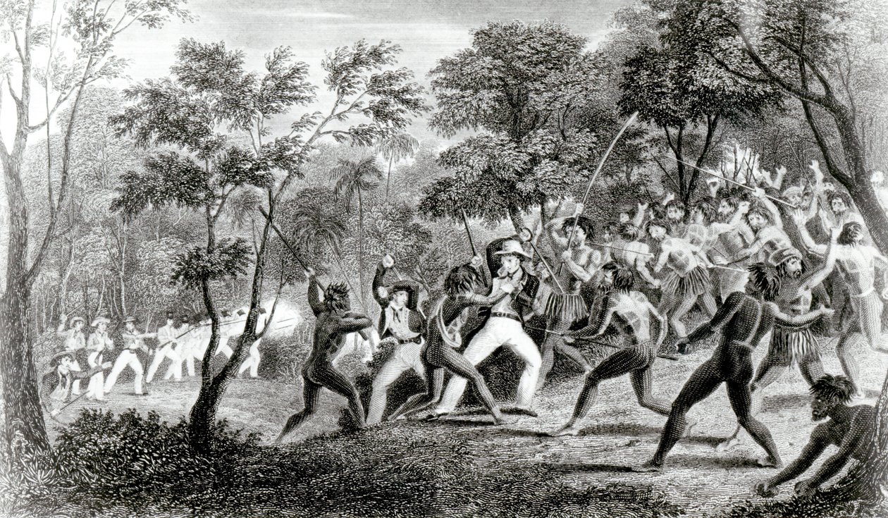 Angriff der Eingeborenen der Gambier-Inseln, graviert von Edward Finden, 1831 von Richard B. Beechey