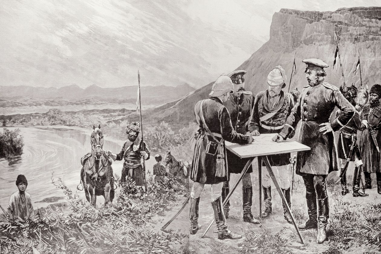 Die afghanische Grenzkommission: Die russischen und britischen Kommissare in Zulfikar, die den Standort des ersten Grenzpfostens festlegen, 12. November, graviert von R. Taylor, aus 